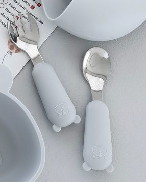 Детские столовые приборы из пищевого силикона и металла в цвете Light Grey PS110-14 фото